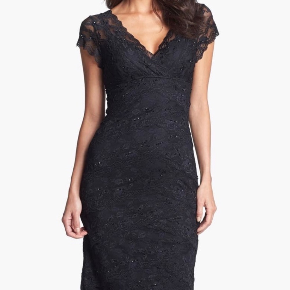 Marina black tiered lace sequin/beaded occasion cocktail maternity dress S